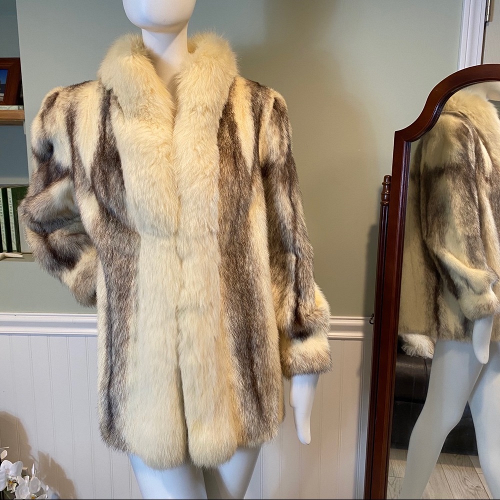 LUXURY Natural Black Cross Mink Fur Jacket Full Sweep with White Fox Trim